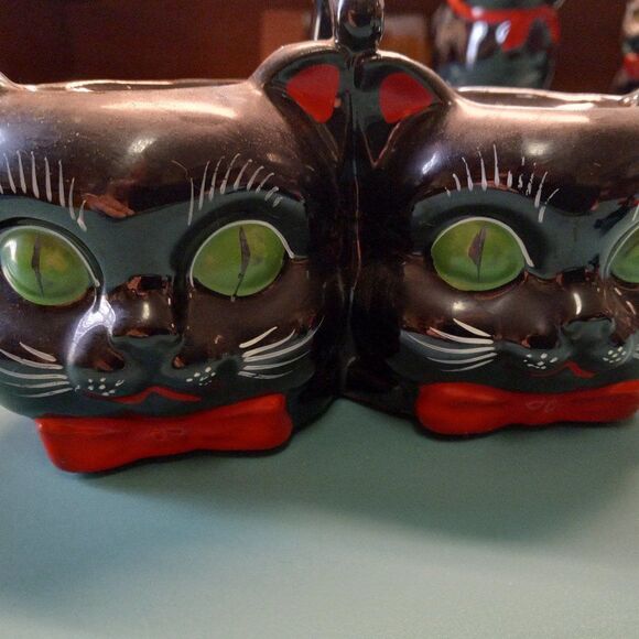 Vintage Cat Redware Anthropomorphic Connected Jelly Jars Kitch - Picture 1 of 10